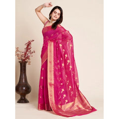 Mayawye Women's Silk Blend Printed Banarasi Saree With Unstitched Blouse (5.5Mtr, Pink)