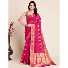 Mayawye Women's Silk Blend Printed Banarasi Saree With Unstitched Blouse (5.5Mtr, Pink)