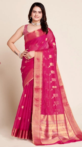 Mayawye Women's Silk Blend Printed Banarasi Saree With Unstitched Blouse (5.5Mtr, Pink)