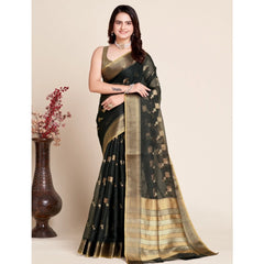 Mayawye Women's Silk Blend Printed Banarasi Saree With Unstitched Blouse (5.5Mtr, Black)