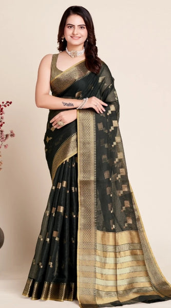Mayawye Women's Silk Blend Printed Banarasi Saree With Unstitched Blouse (5.5Mtr, Black)