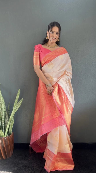 Mayawye Women's Silk Blend Woven Kanjivaram Saree With Unstitched Blouse (5.5Mtr, Peach)