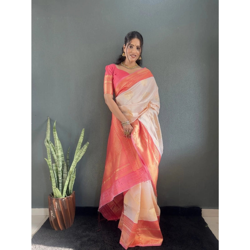 Mayawye Women's Silk Blend Woven Kanjivaram Saree With Unstitched Blouse (5.5Mtr, Peach)