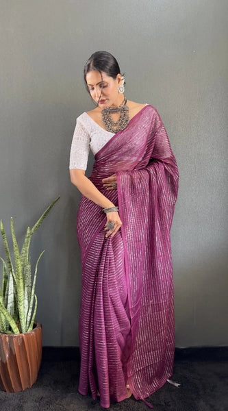 Mayawye Women's Chiffon Woven Bollywood Saree With Unstitched Blouse (5.5Mtr, Purple)