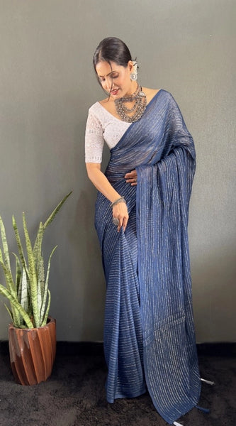 Mayawye Women's Chiffon Woven Bollywood Saree With Unstitched Blouse (5.5Mtr, Navy)