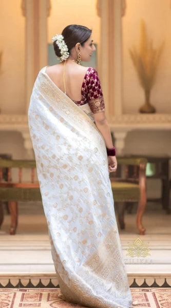 Mayawye Women's Silk Woven Kanjivaram Saree With Unstitched Blouse (5.5Mtr, White)