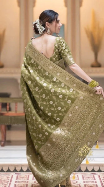 Mayawye Women's Silk Woven Kanjivaram Saree With Unstitched Blouse (5.5Mtr, Mehendi Green)