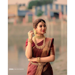 Mayawye Women's Silk Woven Kanjivaram Saree With Unstitched Blouse (5.5Mtr, Maroon)