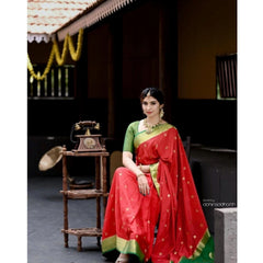 Mayawye Women's Silk Blend Self Design Banarasi Saree With Unstitched Blouse (5.5Mtr, Red Green)