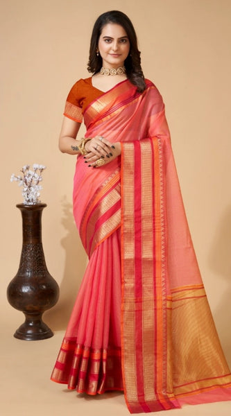 Mayawye Women's Cotton Blend Woven  Saree With Unstitched Blouse (5.5Mtr, Pink)