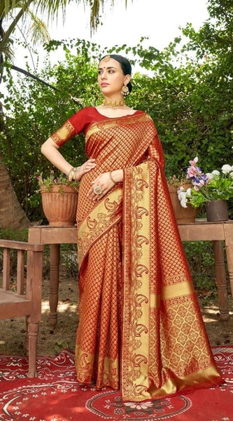 Mayawye Women's Silk Woven Kanjivaram Saree With Unstitched Blouse (5.5Mtr, Red)