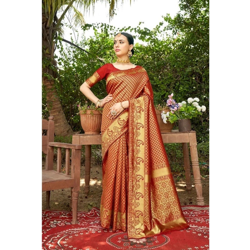 Mayawye Women's Silk Woven Kanjivaram Saree With Unstitched Blouse (5.5Mtr, Red)