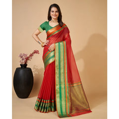 Mayawye Women's Cotton Blend Woven  Saree With Unstitched Blouse (5.5Mtr, Red)