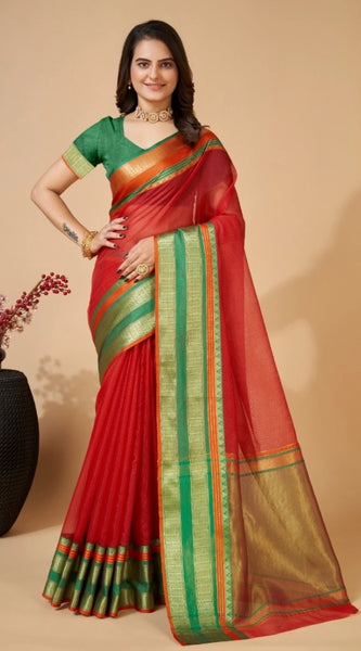 Mayawye Women's Cotton Blend Woven  Saree With Unstitched Blouse (5.5Mtr, Red)