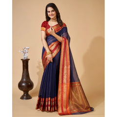 Mayawye Women's Cotton Blend Woven  Saree With Unstitched Blouse (5.5Mtr, Navy Blue)