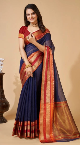 Mayawye Women's Cotton Blend Woven  Saree With Unstitched Blouse (5.5Mtr, Navy Blue)