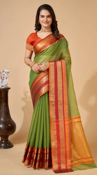 Mayawye Women's Cotton Blend Woven  Saree With Unstitched Blouse (5.5Mtr, Green)