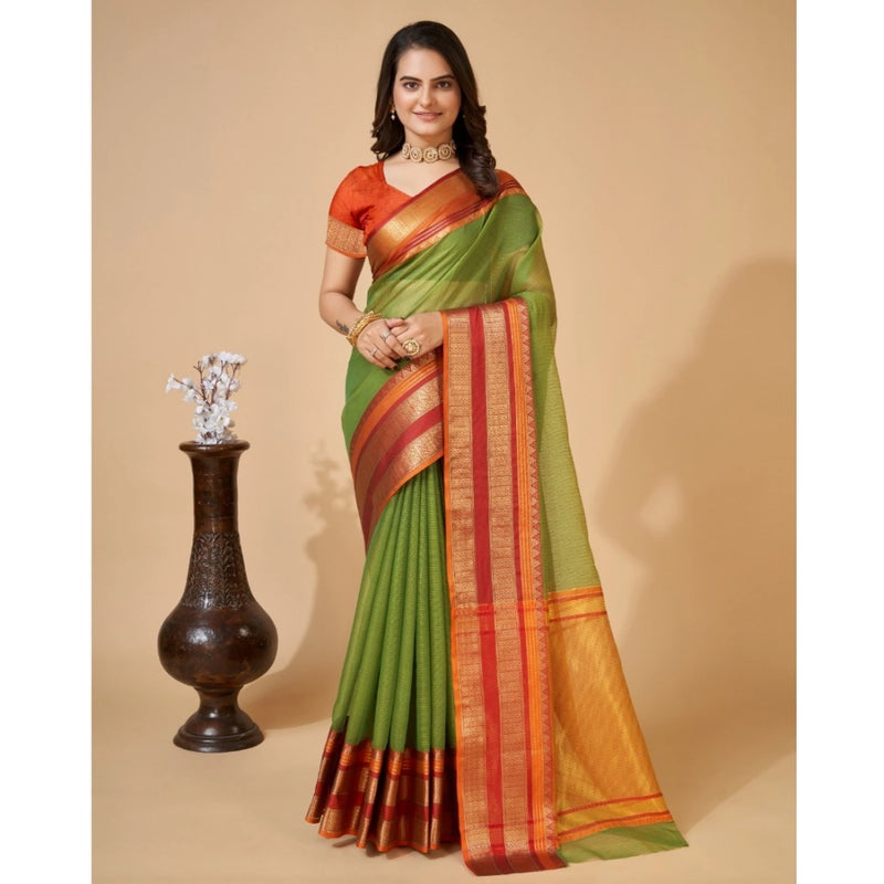 Mayawye Women's Cotton Blend Woven  Saree With Unstitched Blouse (5.5Mtr, Green)