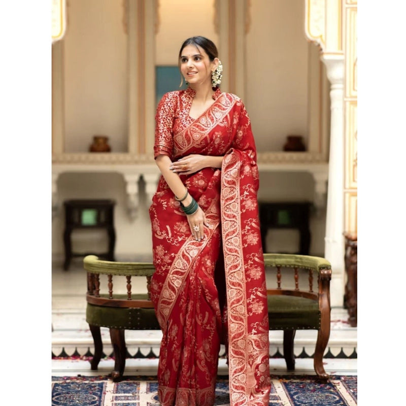Mayawye Women's Pure Cotton Woven Arani Pattu Saree With Unstitched Blouse (5.5Mtr, Red)