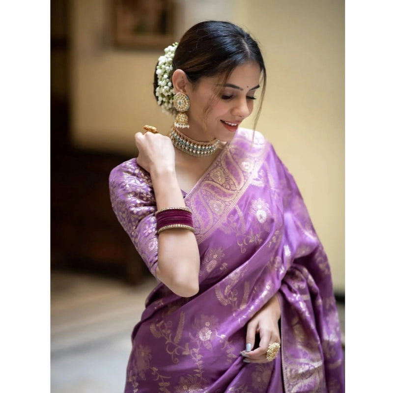 Mayawye Women's Art Silk Embellished Kanjivaram Saree With Unstitched Blouse (5.5Mtr, Lavender)