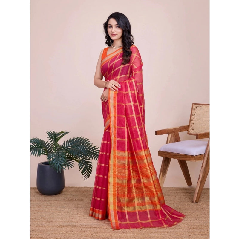 Mayawye Women's Cotton Silk Checkered Kota Doria Saree With Unstitched Blouse (5.5Mtr, Red)