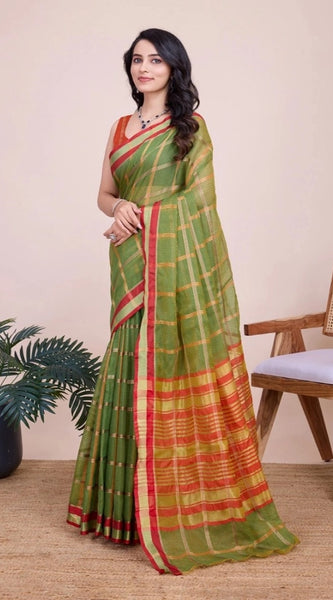 Mayawye Women's Cotton Silk Checkered Kota Doria Saree With Unstitched Blouse (5.5Mtr, Mehendi)