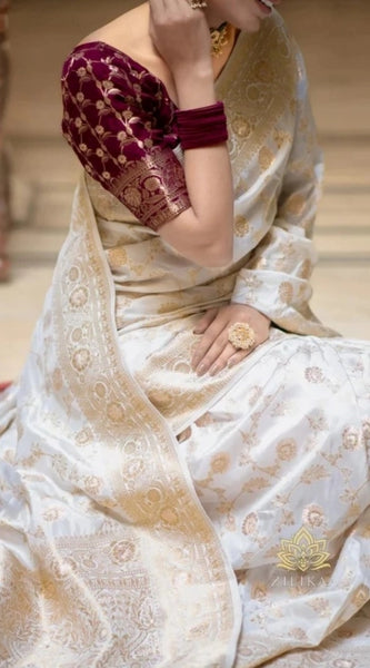 Mayawye Women's Silk Woven Kanjivaram Saree With Unstitched Blouse (5.5Mtr, White)