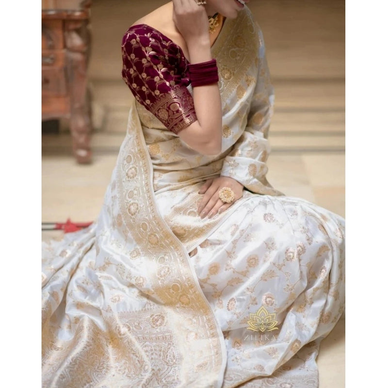 Mayawye Women's Silk Woven Kanjivaram Saree With Unstitched Blouse (5.5Mtr, White)