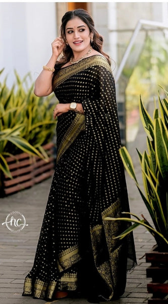Mayawye Women's Silk Woven Kanjivaram Saree With Unstitched Blouse (5.5Mtr, Black)