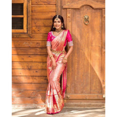 Mayawye Women's Silk Blend Self Design Banarasi Saree With Unstitched Blouse (5.5Mtr, Peach)