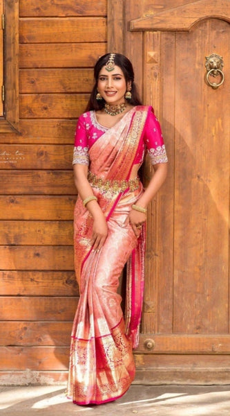 Mayawye Women's Silk Blend Self Design Banarasi Saree With Unstitched Blouse (5.5Mtr, Peach)