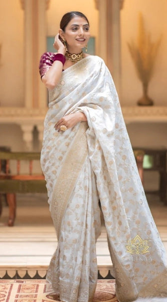 Mayawye Women's Silk Woven Kanjivaram Saree With Unstitched Blouse (5.5Mtr, White)