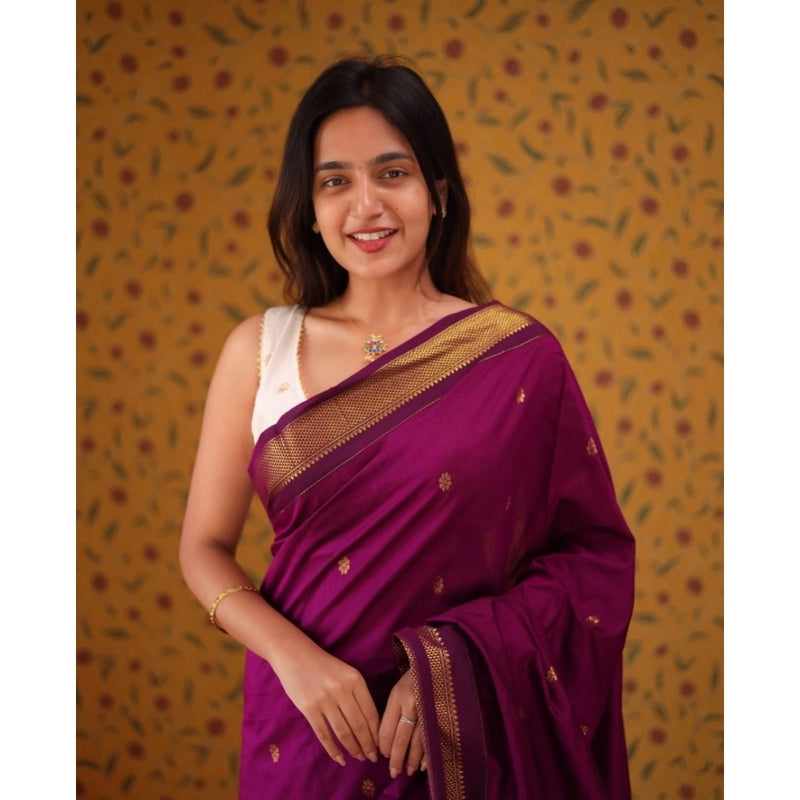 Mayawye Women's Silk Blend Self Design Bollywood Saree With Unstitched Blouse (5.5Mtr, Purple)