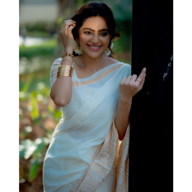 Mayawye Women's Silk Blend Self Design Bollywood Saree With Unstitched Blouse (5.5Mtr, White)