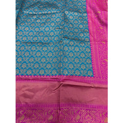 Mayawye Women's Silk Blend Self Design Banarasi Saree With Unstitched Blouse (5.5Mtr, Sky Blue)