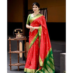 Mayawye Women's Silk Blend Self Design Banarasi Saree With Unstitched Blouse (5.5Mtr, Red Green)