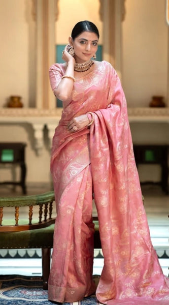 Mayawye Women's Art Silk Embellished Kanjivaram Saree With Unstitched Blouse (5.5Mtr, Peach)