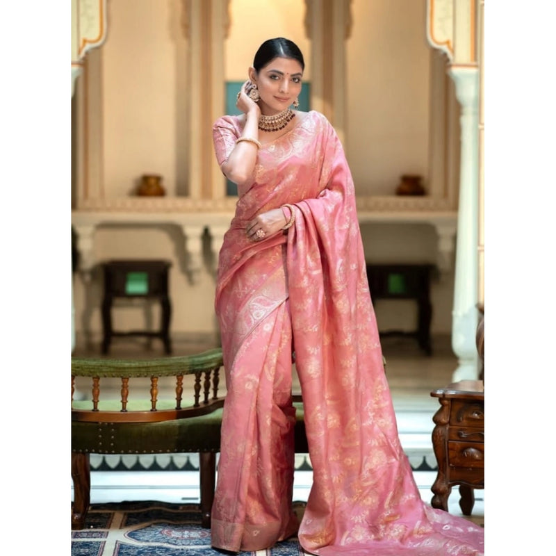 Mayawye Women's Art Silk Embellished Kanjivaram Saree With Unstitched Blouse (5.5Mtr, Peach)