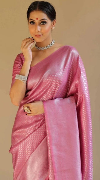 Mayawye Women's Silk Blend Woven Kanjivaram Saree With Unstitched Blouse (5.5Mtr, Pink)