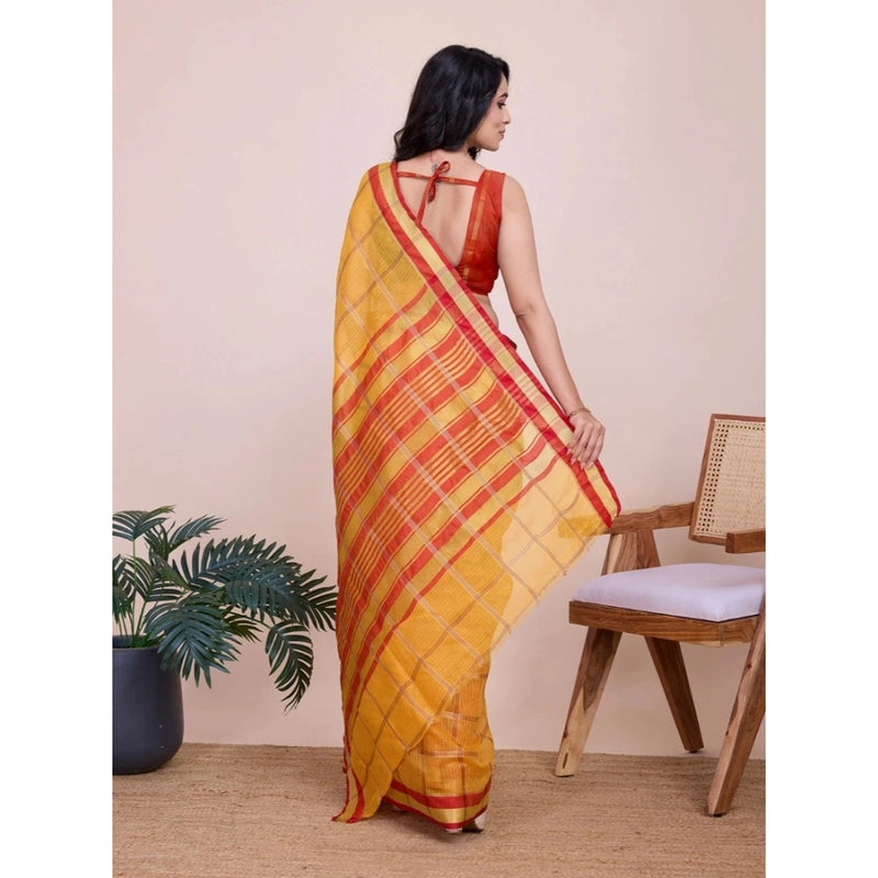 Mayawye Women's Cotton Silk Checkered Kota Doria Saree With Unstitched Blouse (5.5Mtr, Yellow)