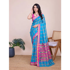 Mayawye Women's Cotton Silk Checkered Kota Doria Saree With Unstitched Blouse (5.5Mtr, Sky Blue)