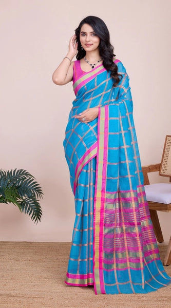Mayawye Women's Cotton Silk Checkered Kota Doria Saree With Unstitched Blouse (5.5Mtr, Sky Blue)