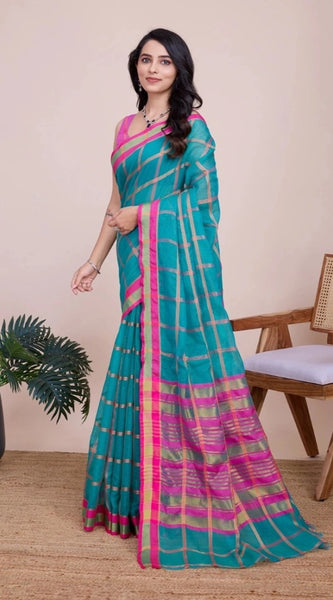 Mayawye Women's Cotton Silk Checkered Kota Doria Saree With Unstitched Blouse (5.5Mtr, Rama)
