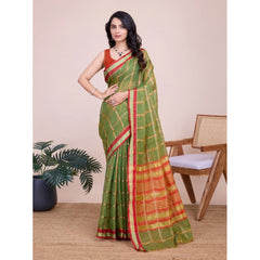Mayawye Women's Cotton Silk Checkered Kota Doria Saree With Unstitched Blouse (5.5Mtr, Mehendi)
