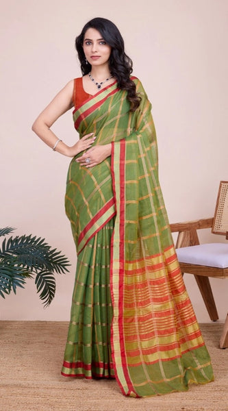 Mayawye Women's Cotton Silk Checkered Kota Doria Saree With Unstitched Blouse (5.5Mtr, Mehendi)