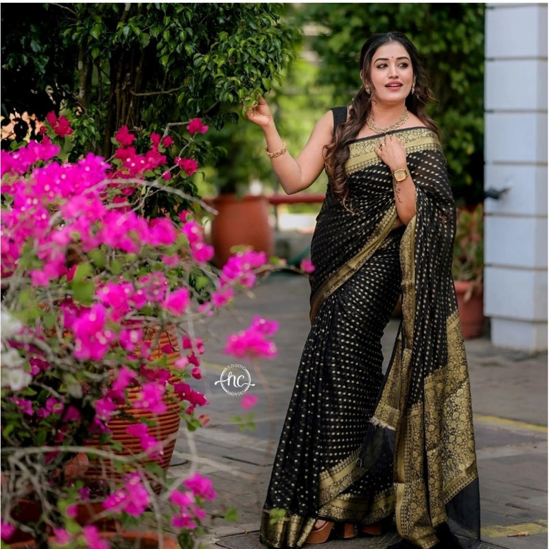 Mayawye Women's Silk Woven Kanjivaram Saree With Unstitched Blouse (5.5Mtr, Black)