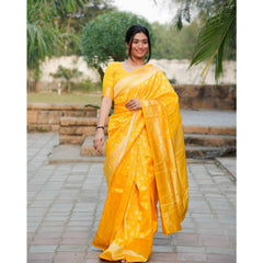 Mayawye Women's Silk Blend Self Design Banarasi Saree With Unstitched Blouse (5.5Mtr, Yellow)