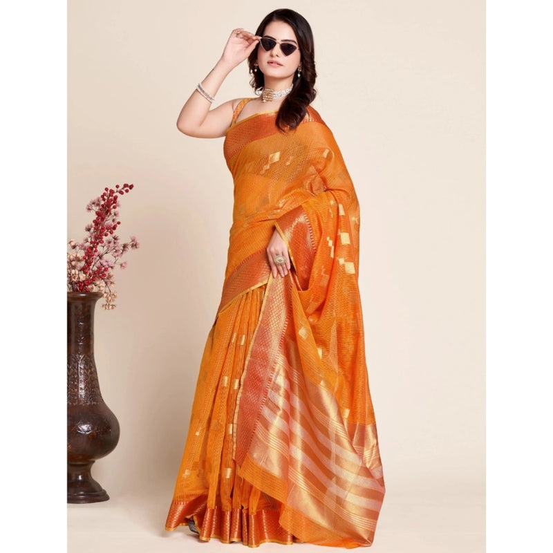 Mayawye Women's Silk Blend Printed Banarasi Saree With Unstitched Blouse (5.5Mtr, Orange)
