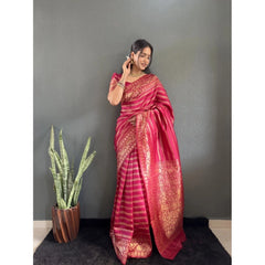 Mayawye Women's Silk Blend Woven Kanjivaram Saree With Unstitched Blouse (5.5Mtr, Pink)