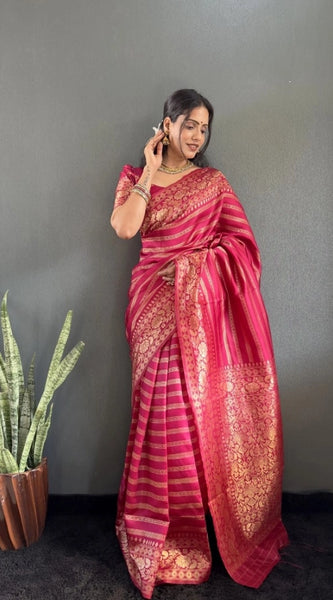 Mayawye Women's Silk Blend Woven Kanjivaram Saree With Unstitched Blouse (5.5Mtr, Pink)